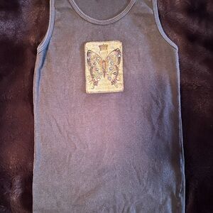 Embellished Butterfly Ribbed Tank Top - black